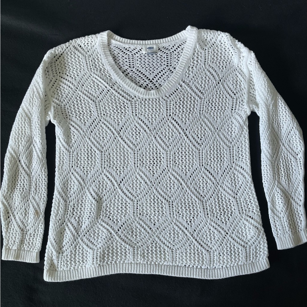 Old Navy Women’s White Open Knit 100% Cotton Sweater Long Sleeves XL Crew Neck